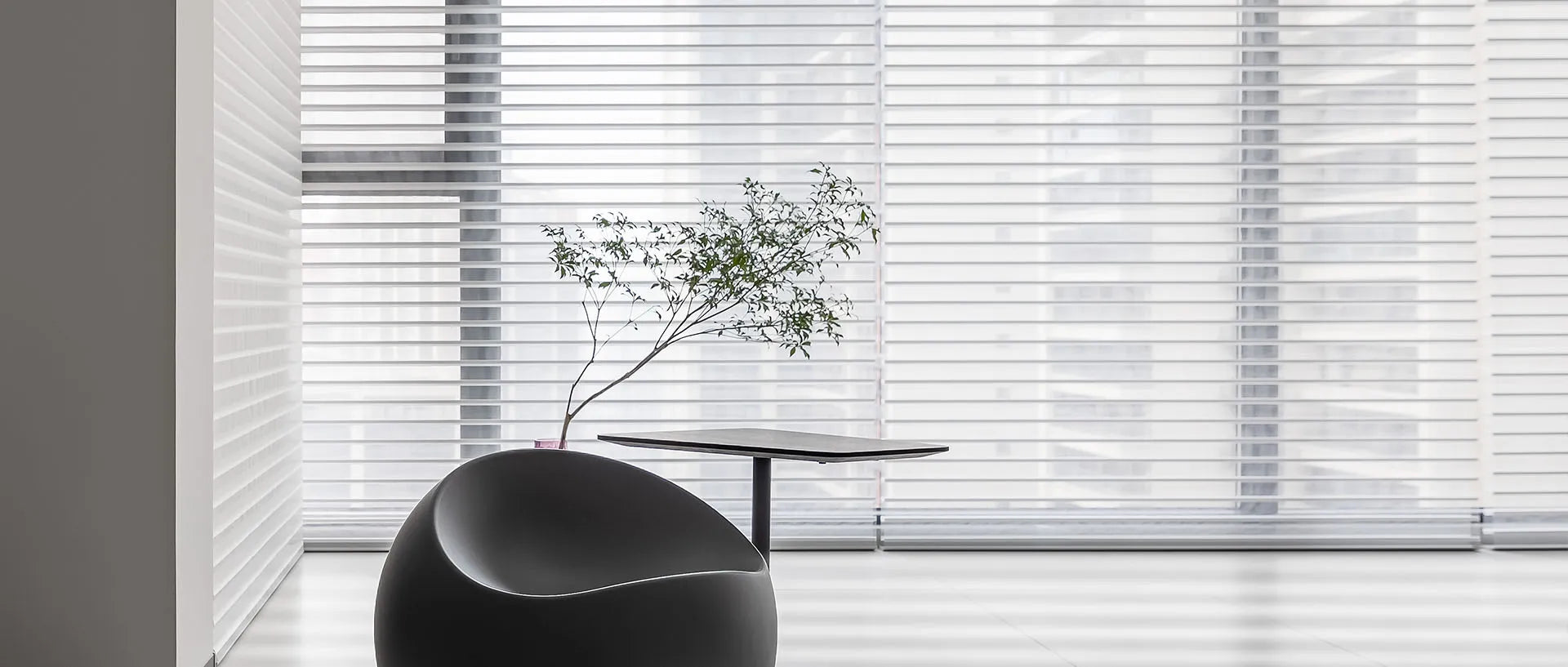 Elegant sheer horizontal shades blending light filtering with an airy aesthetic.