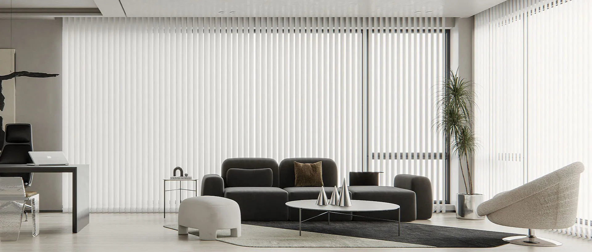 Functional vertical blinds for wide windows and doors, offering adjustable light flow.