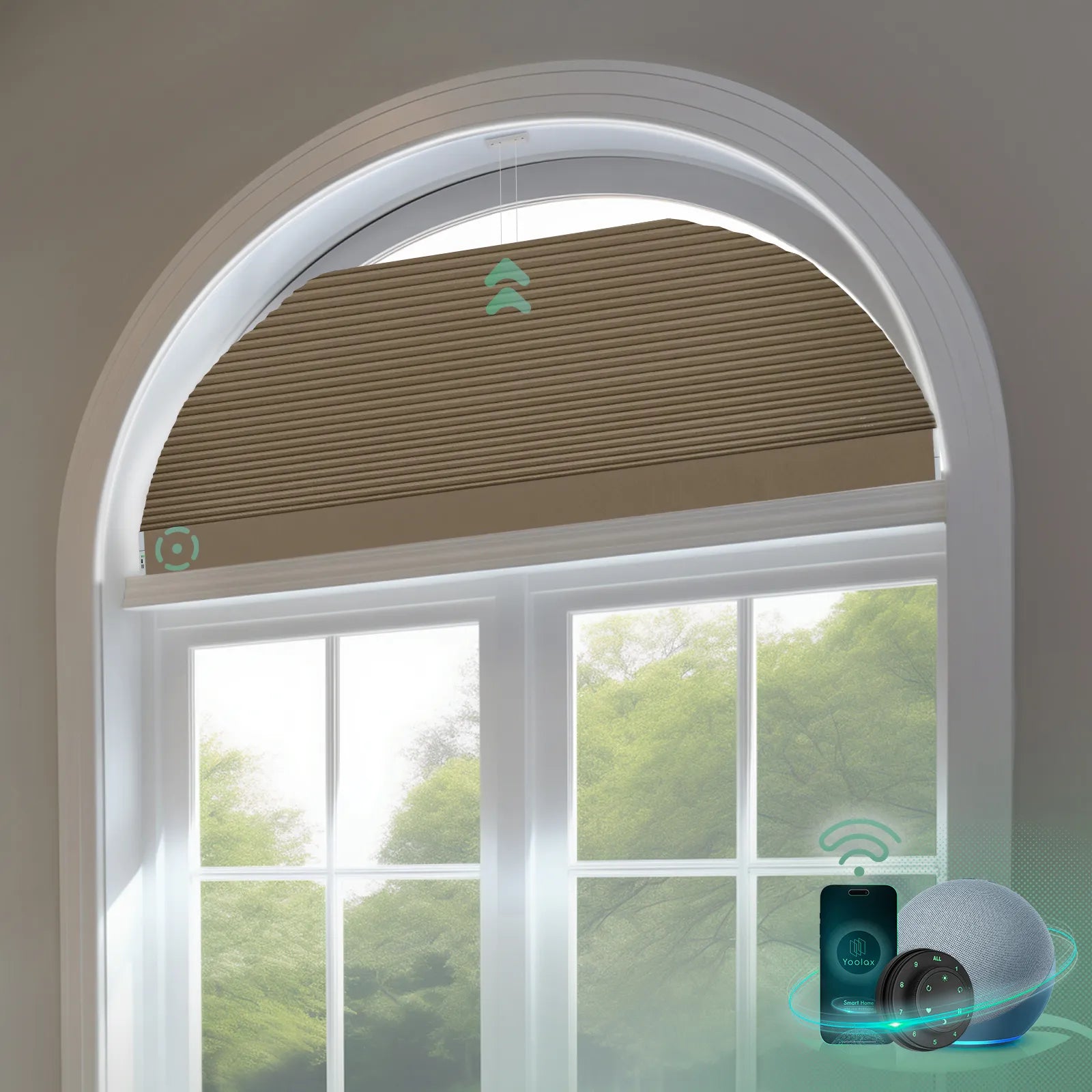 Smart blackout honeycomb shades for arched windows-brown