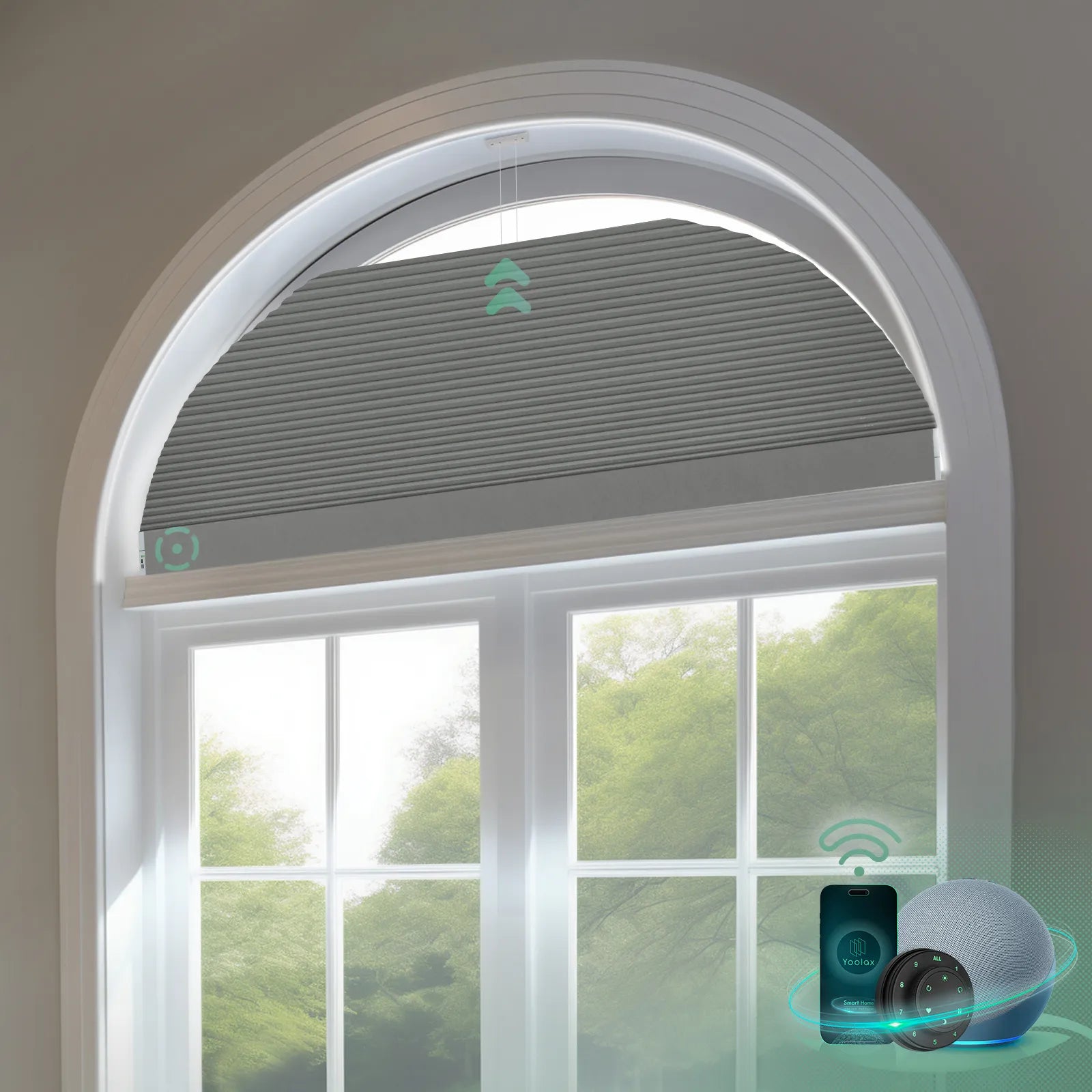 Smart blackout honeycomb shades for arched windows-dark grey