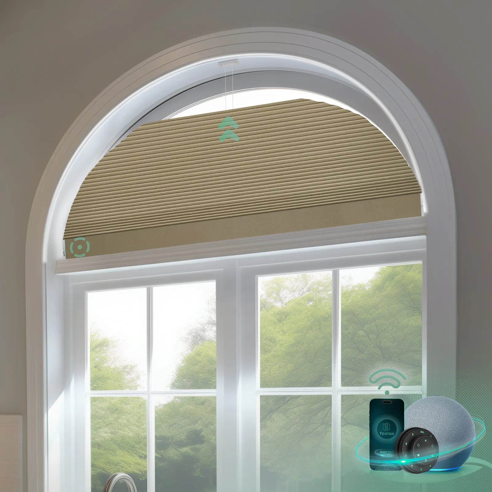 Smart blackout honeycomb shades for arched windows-light coffee