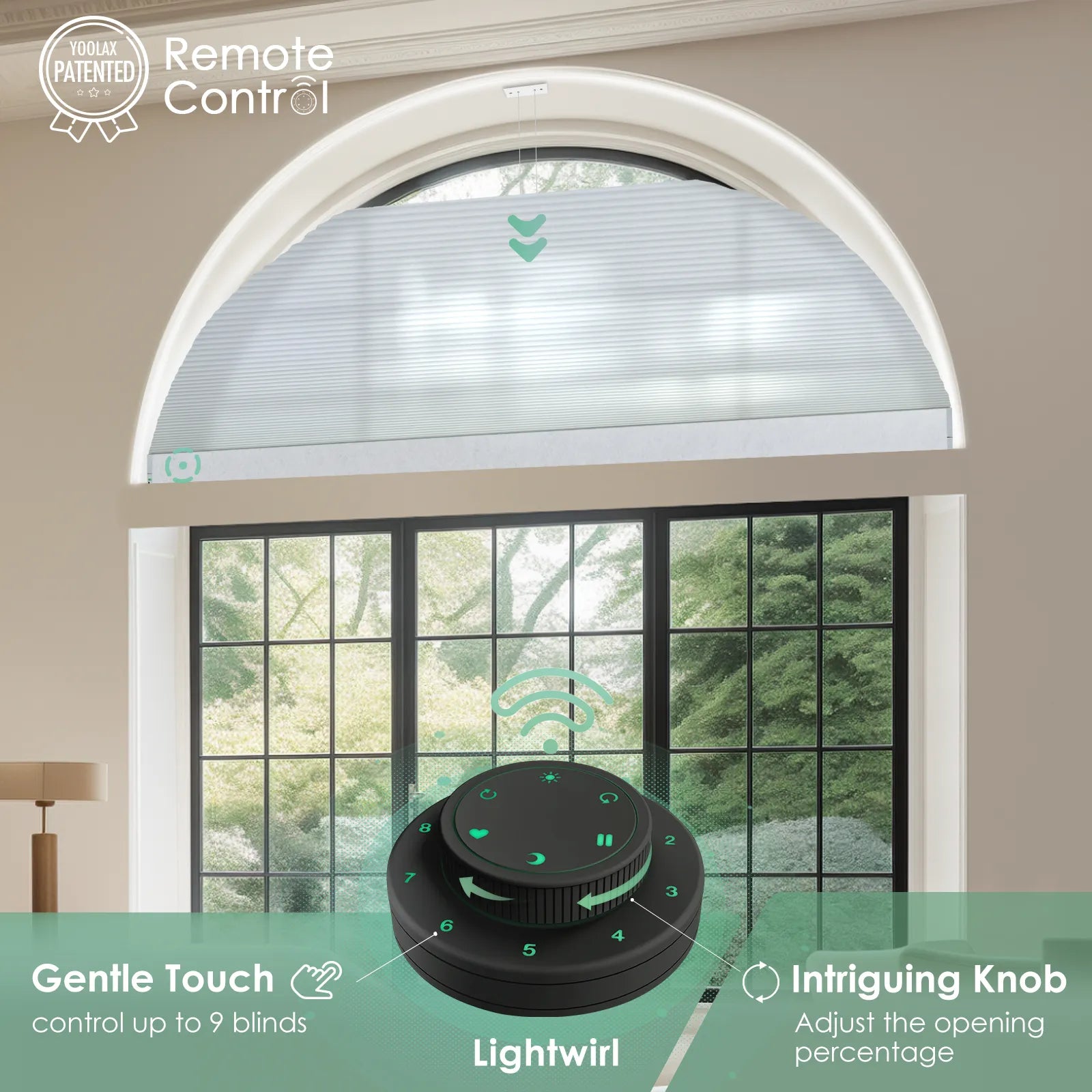 Control up to 9 cellular shades simultaneously with remote