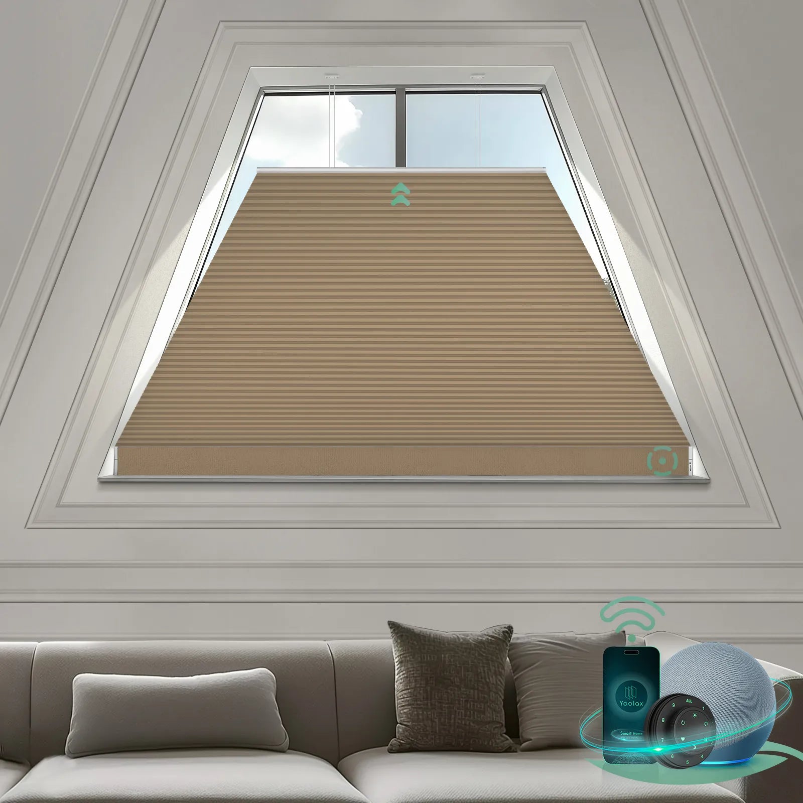 Smart blackout honeycomb shades with voice, remote, and app control for isosceles trapezoid windows-brown