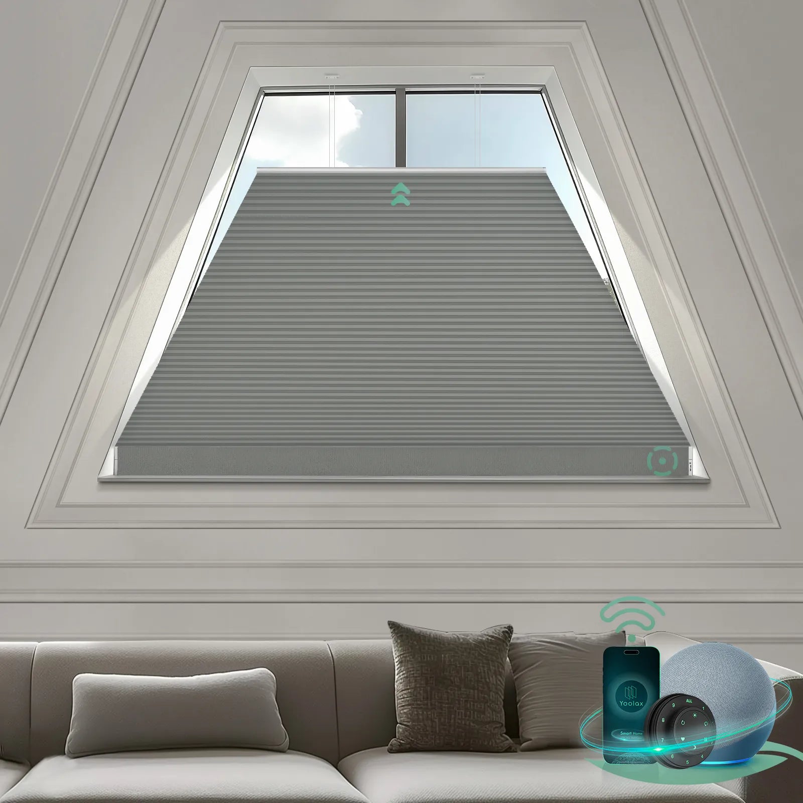 Smart blackout honeycomb shades with voice, remote, and app control for isosceles trapezoid windows-dark grey