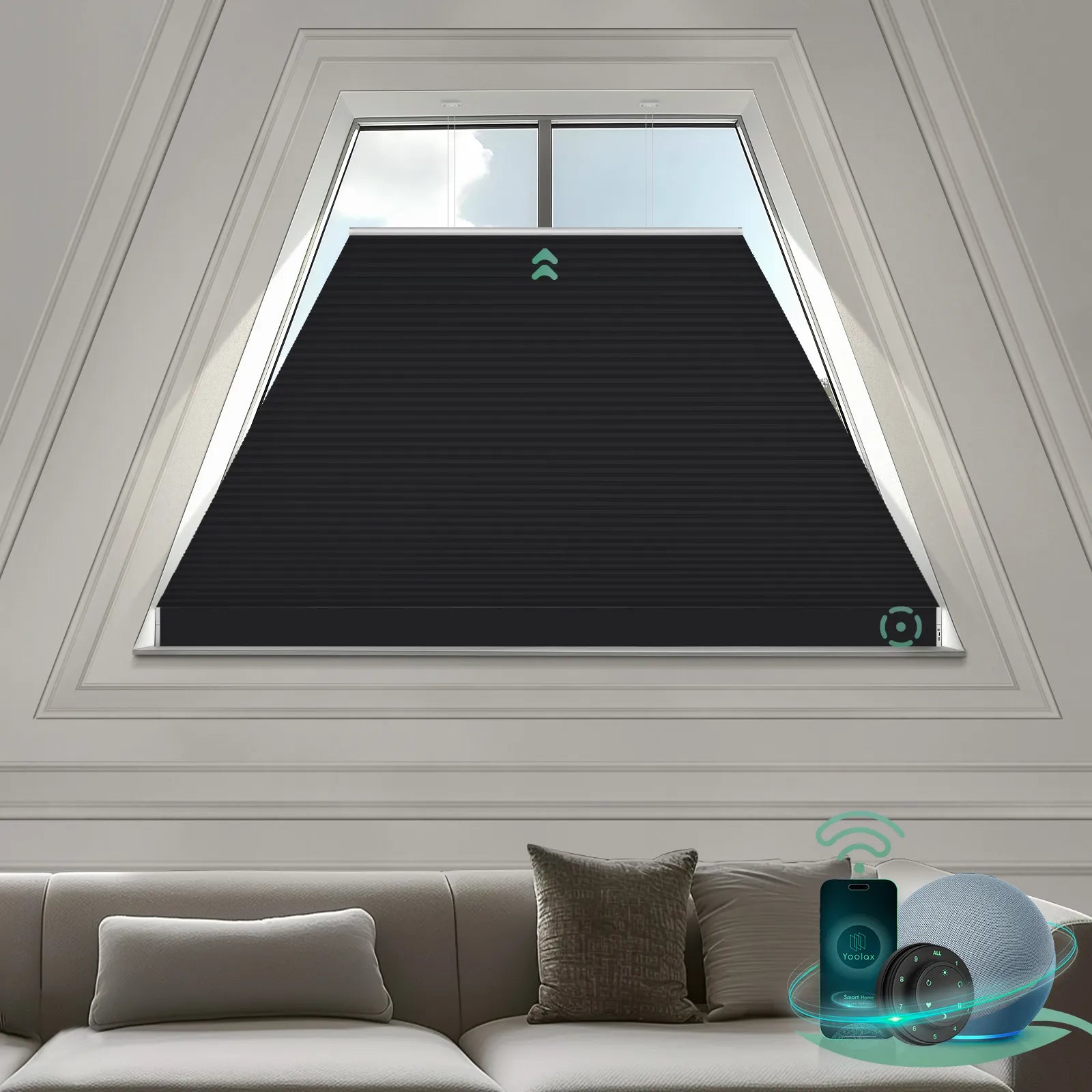 Smart blackout honeycomb shades with voice, remote, and app control for isosceles trapezoid windows-noir