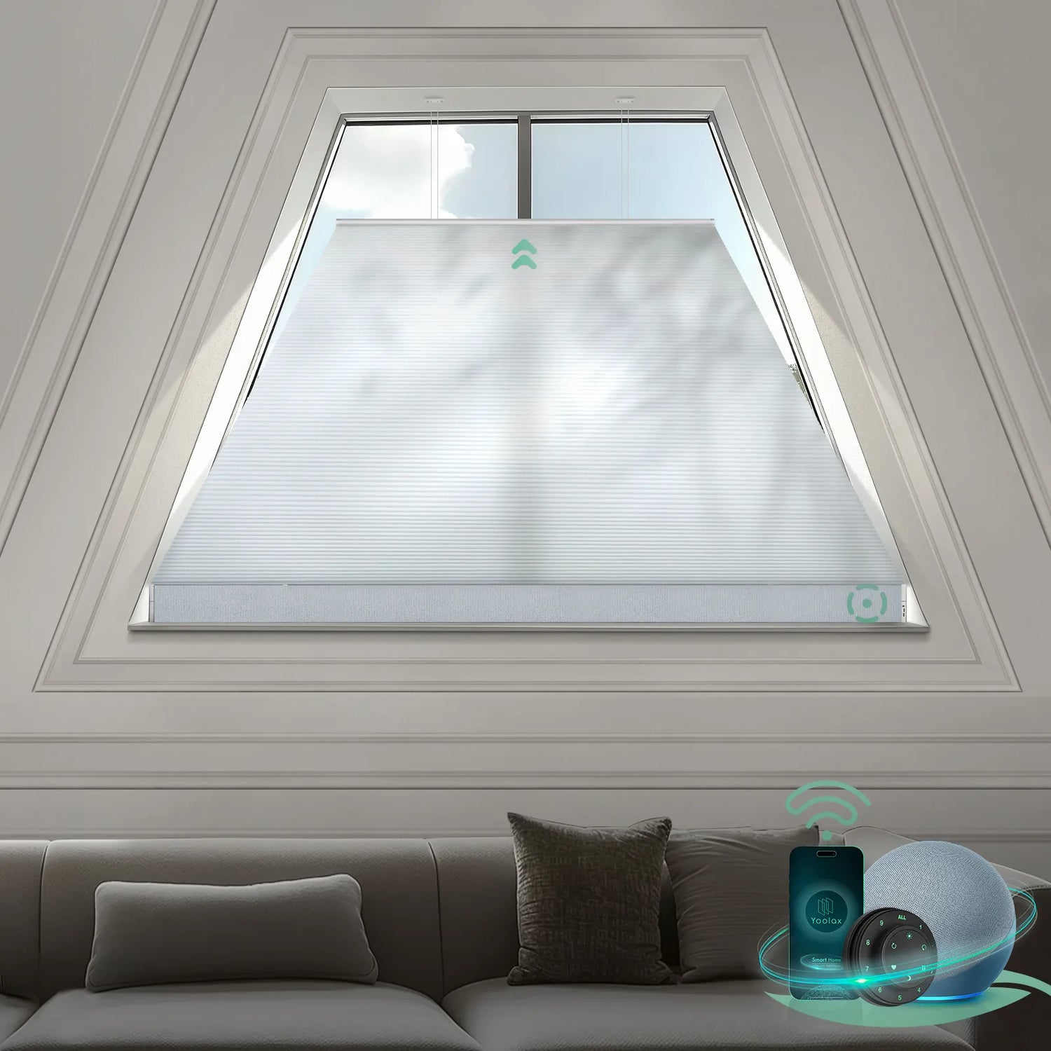 Smart half-shading honeycomb shades with voice, remote, and app control for isosceles trapezoid windows-white