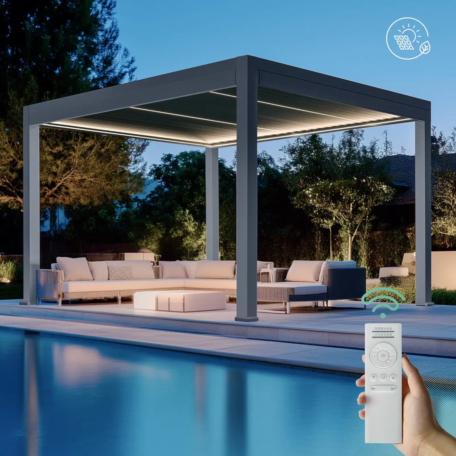 The 114"L x 114"W x 94.5"H all-aluminum louvered pergola by the pool provides night lighting for a relaxing space