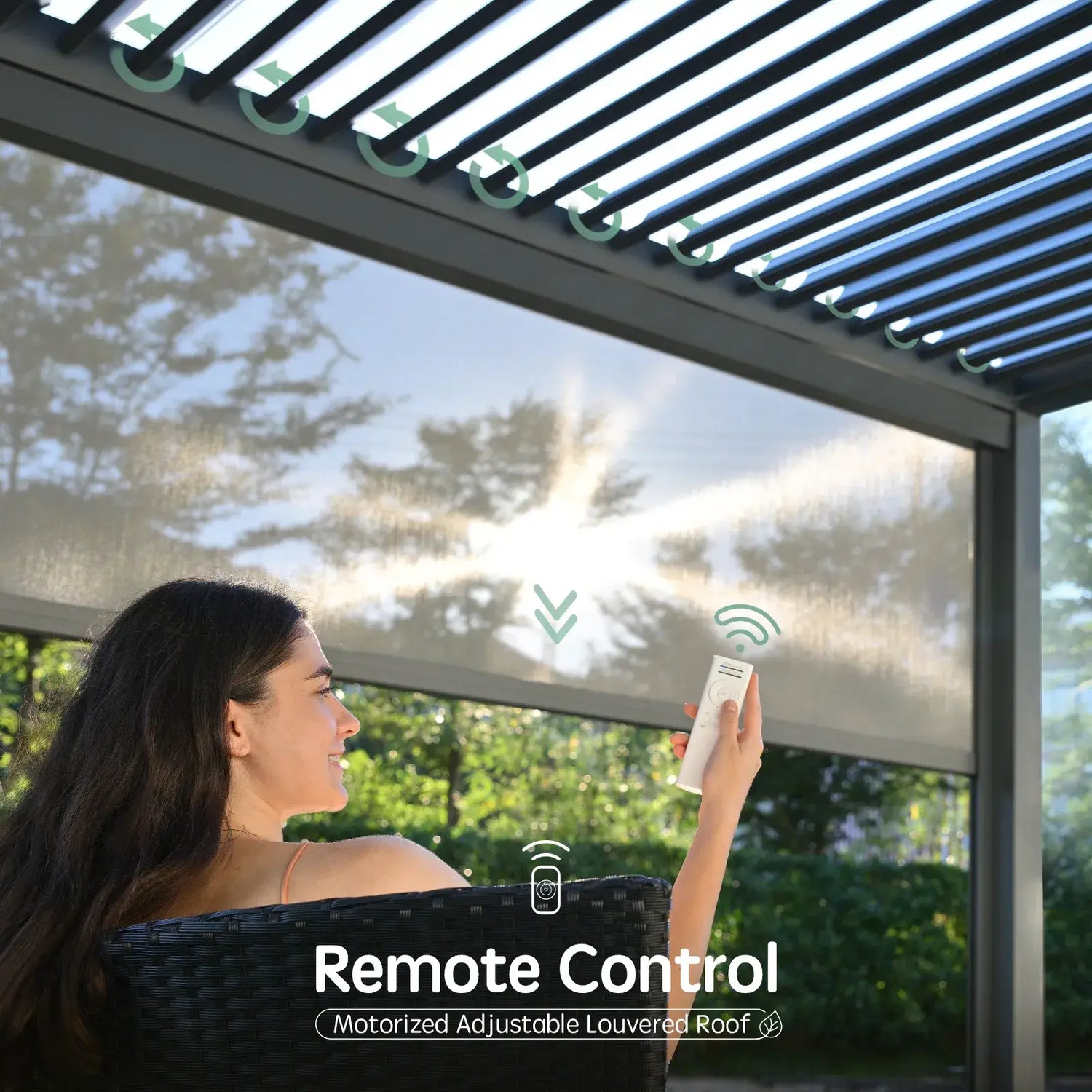 Control the top louvers and side shades with a remote