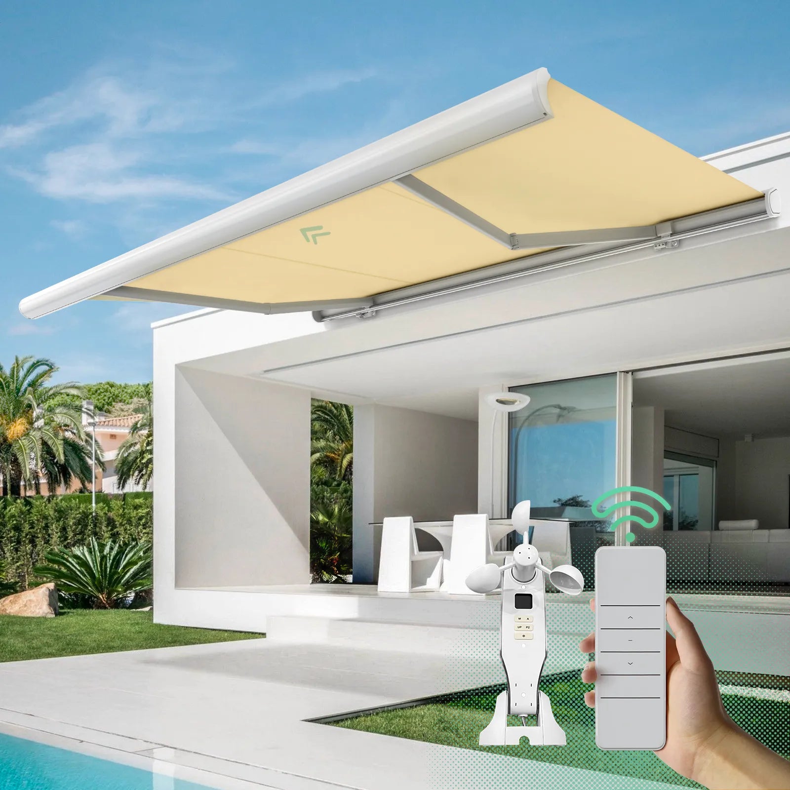 The retractable awning on the eaves provides shade and creates a comfortable relaxation area-beige