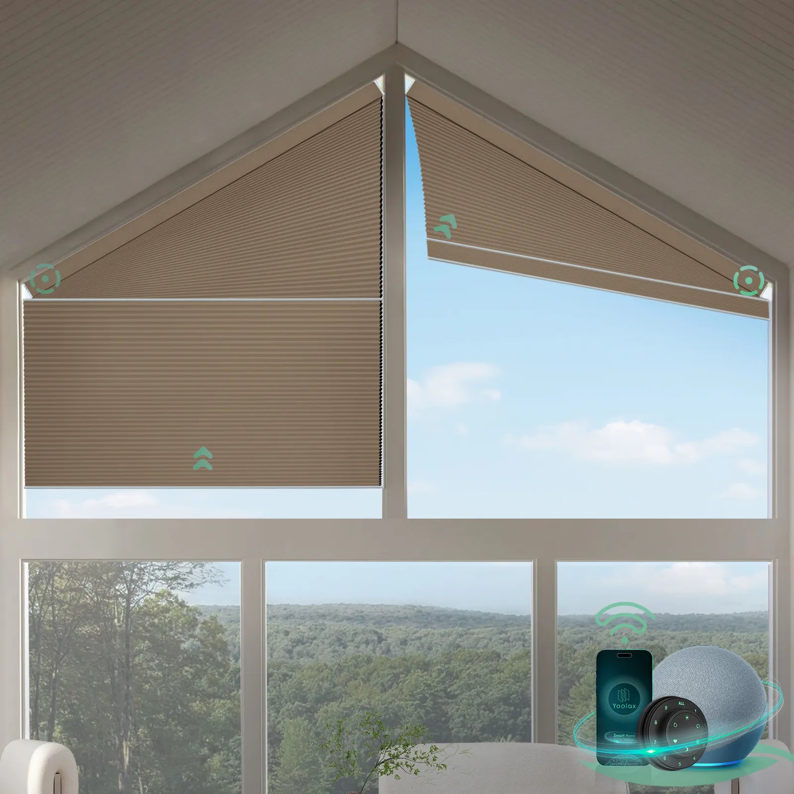 Smart blockout honeycomb shades for right trapezoid windows-brown