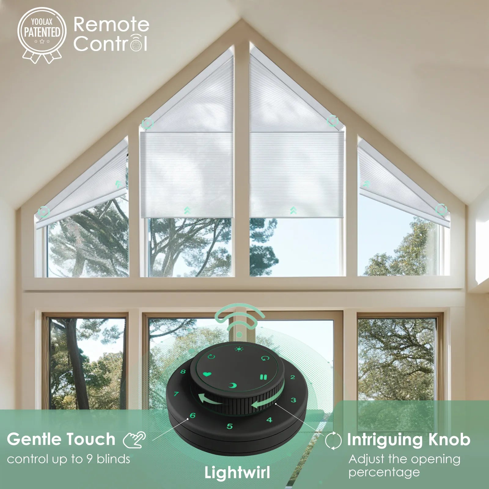 Control up to 9 cellular shades simultaneously with remote