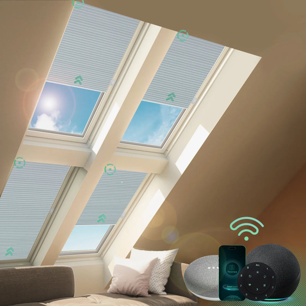 The group-controlled skylight shades can easily switch between providing sunlight and blocking light-white