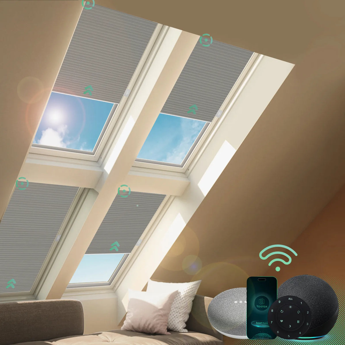 The group-controlled skylight shades can easily switch between providing sunlight and blocking light-light grey