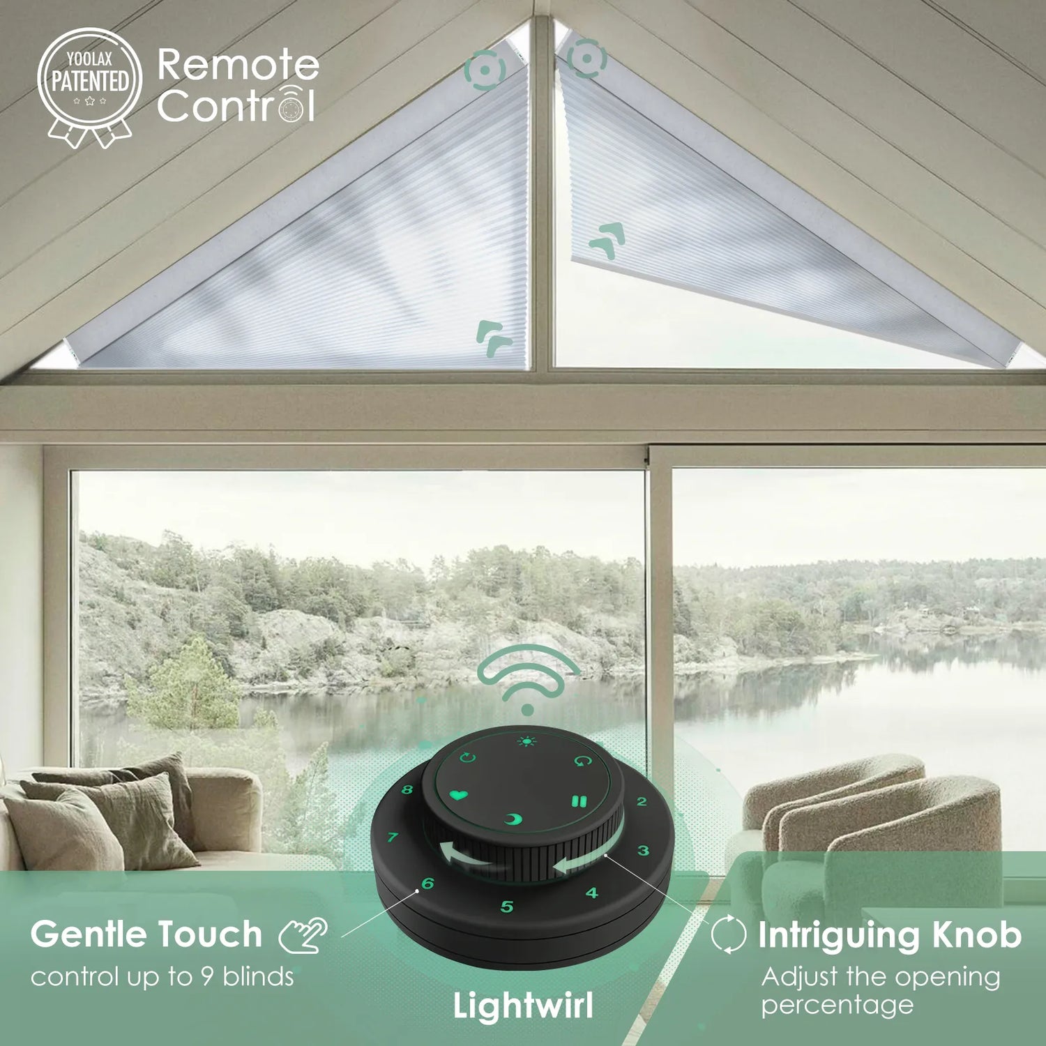 Control up to 9 cellular shades simultaneously with remote