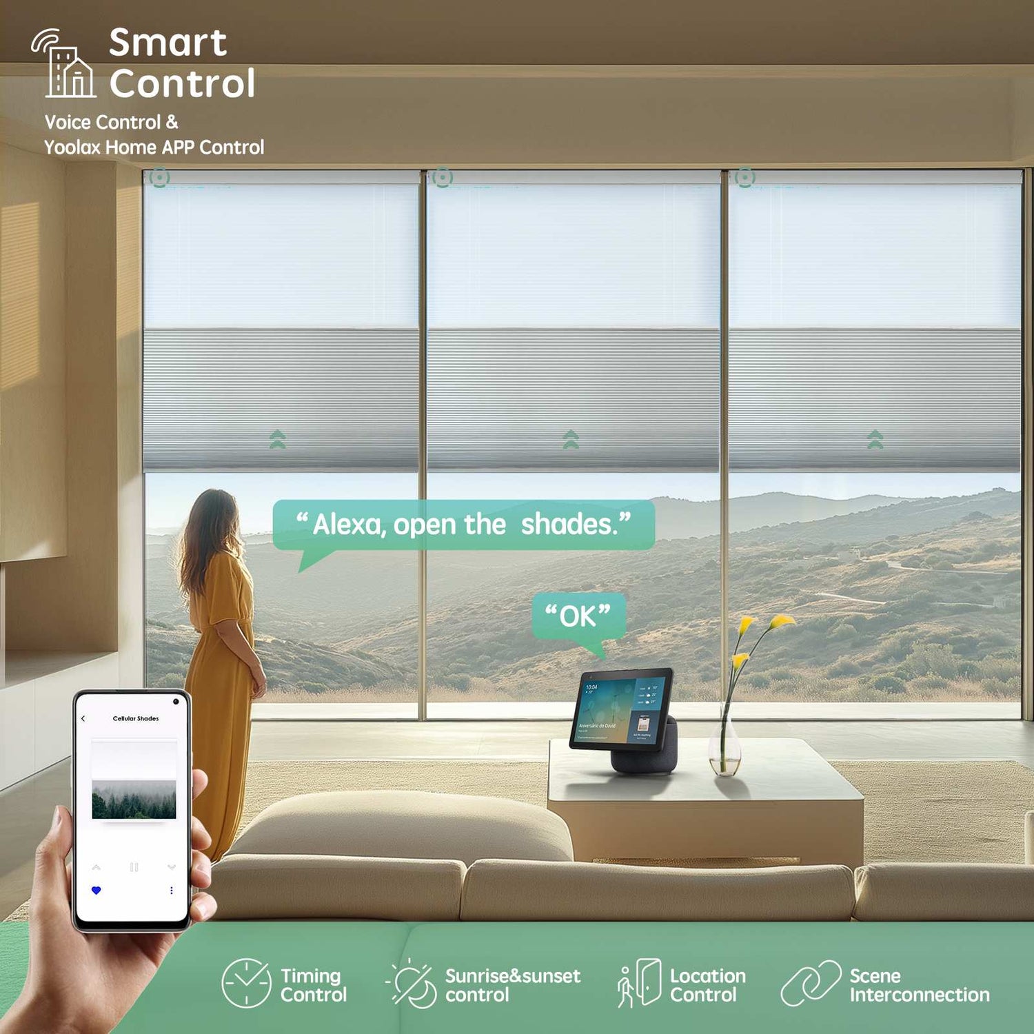 Smart control with voice, app, timing, sunrise & sunset, location, and scene interconnection functions