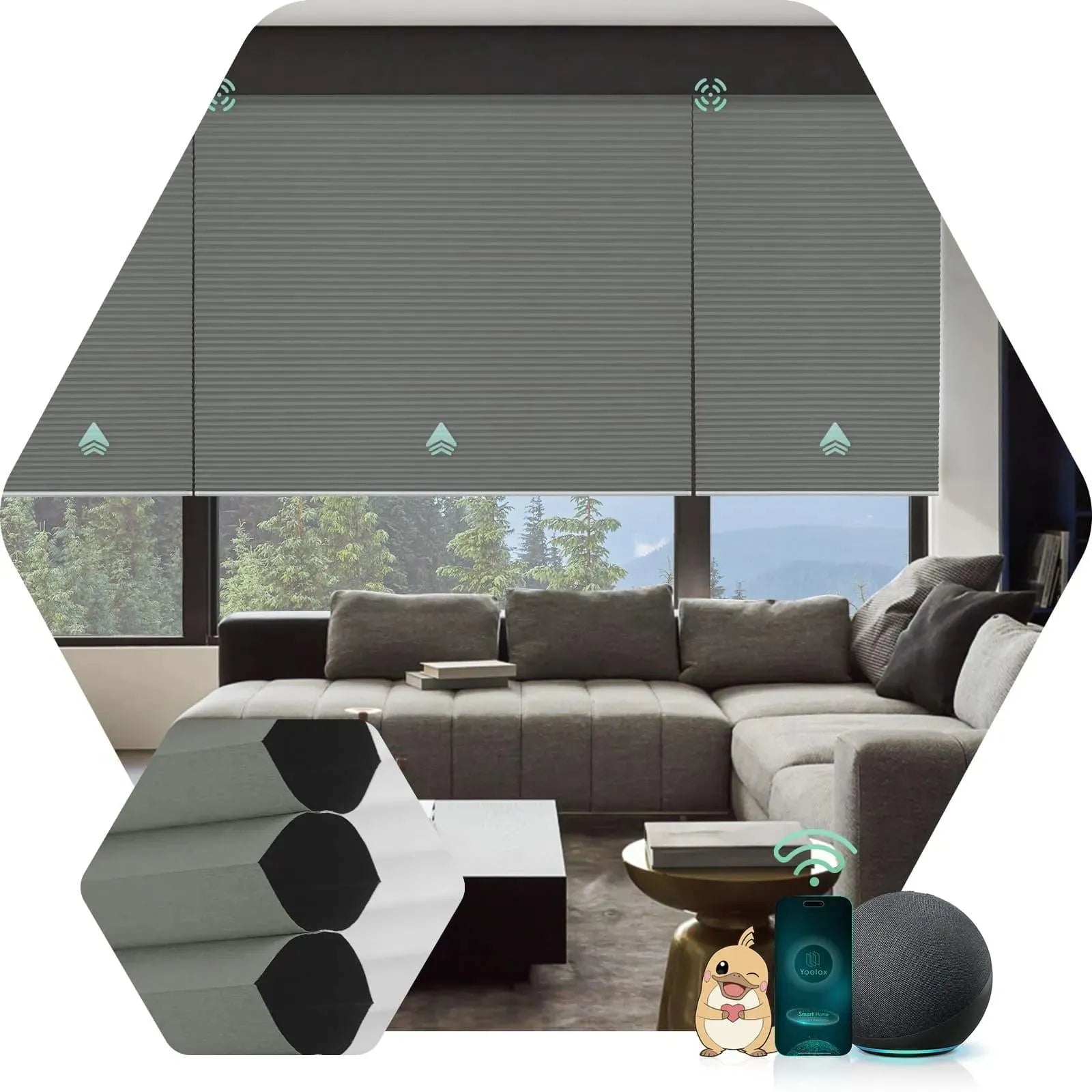 Automatic blackout cellular shades with Blackout Dark Grey fabric, Design for Bedroom & Living Room etc.