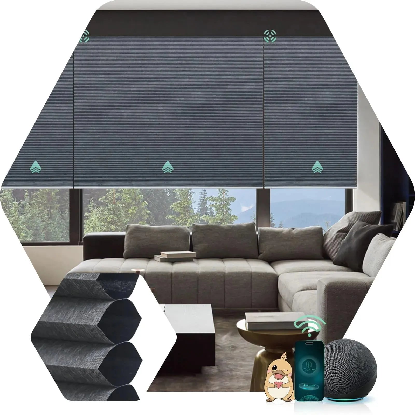 Automatic blackout cellular shades with Blackout Texture Dark Grey fabric, Design for Bedroom & Living Room etc.