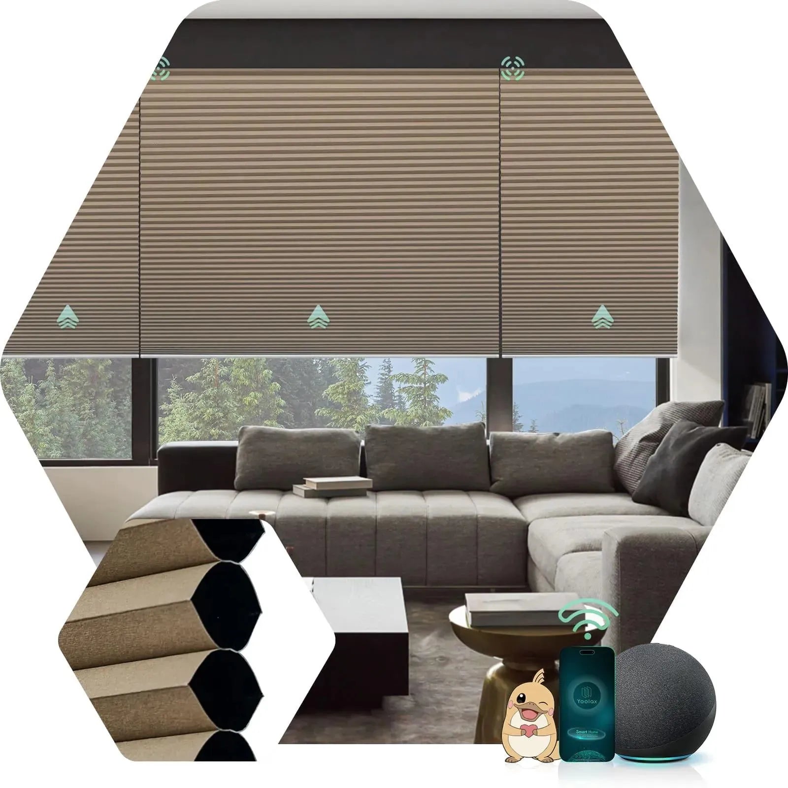 Electric cellular window shades with Blackout Brown, Design for Bedroom & Living Room etc.