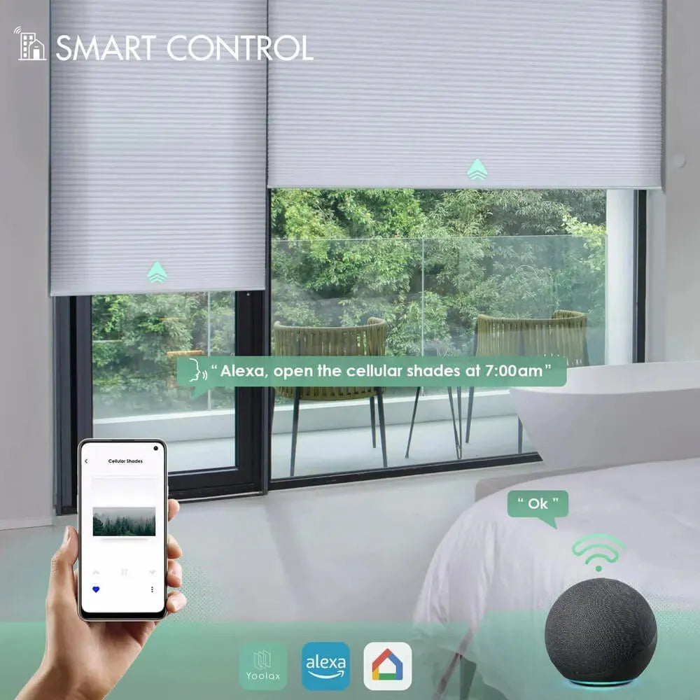 Smart cellular shades with voice control, app control , and timer functions