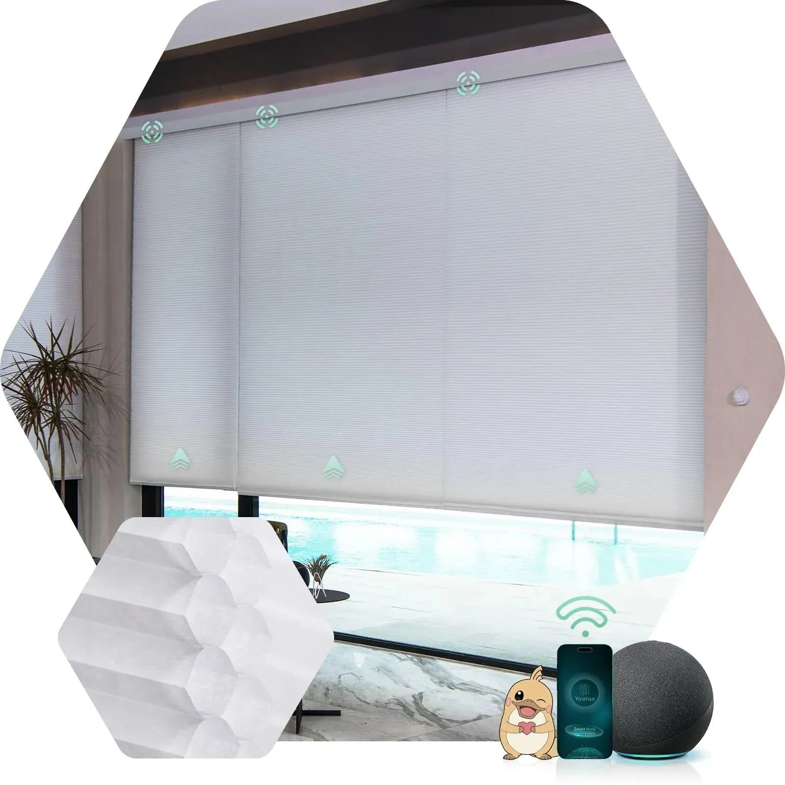 Yoolax Electric double honeycomb blinds with Half-Shading White, Design for Bedroom & Living Room etc.