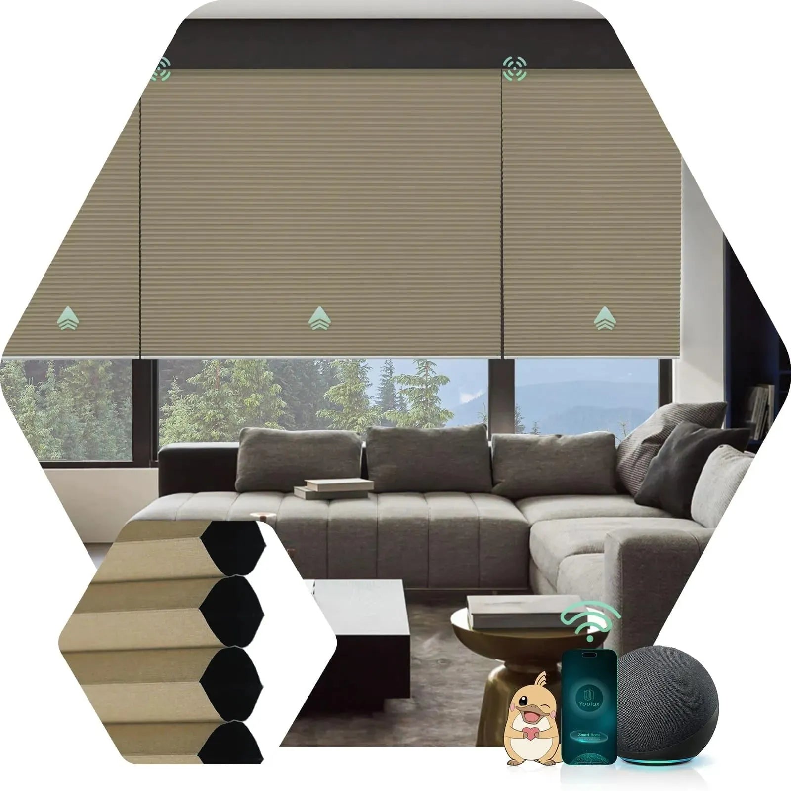 Automatic honeycomb blackout shades with Blackout Light Coffee fabric, Design for Bedroom & Living Room etc.