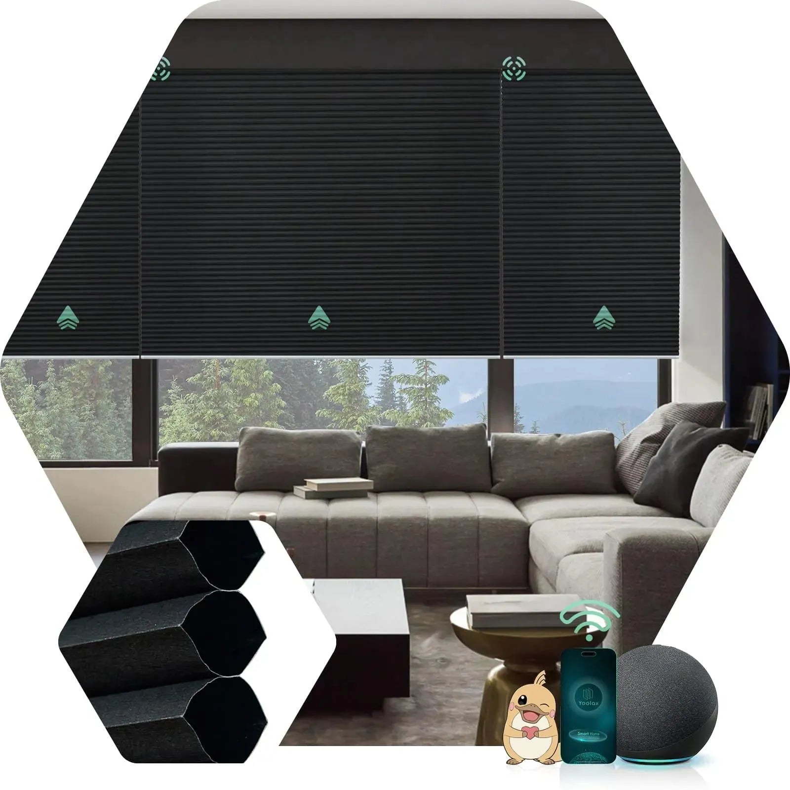 Automatic honeycomb blackout shades with Blackout Noir fabric, Design for Bedroom & Living Room etc.