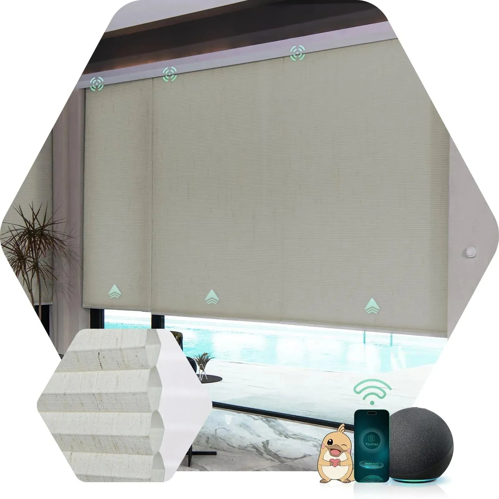 Smart honeycomb shades with Half-Shading Linen Beige Fabric, Design for Bedroom & Living Room etc.