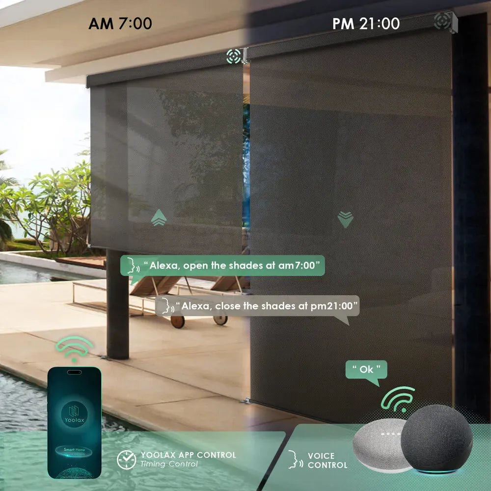 Smart outdoor patio shades support voice control and timing functions