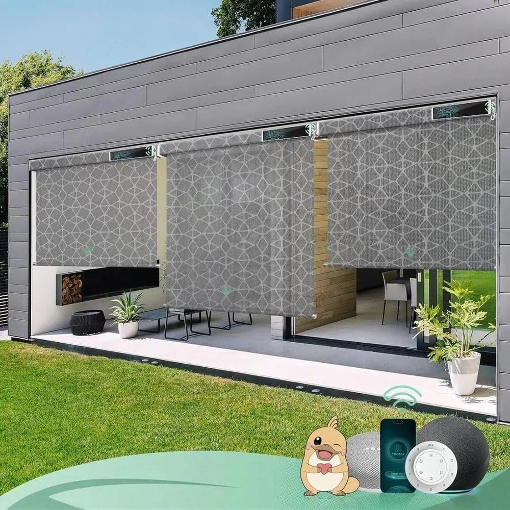 Electric outdoor roller shades with 3% Openness Geometric Black fabric, suited for porches, patios, or decks