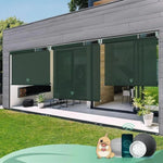 Electric outdoor roller shades with 3% Openness Jade Green fabric, suited for porches, patios, or decks