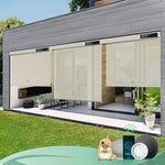 Motorized outdoor shades with 3% Openness Beige fabric,  suited for porches, patios, or decks