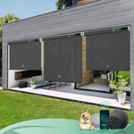 Automatic outdoor sun shade with 1% Openness Dark Grey fabric,  suited for porches, patios, or decks