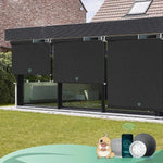 Automatic outdoor sun shade with Blackout Black fabric,  suited for porches, patios, or decks