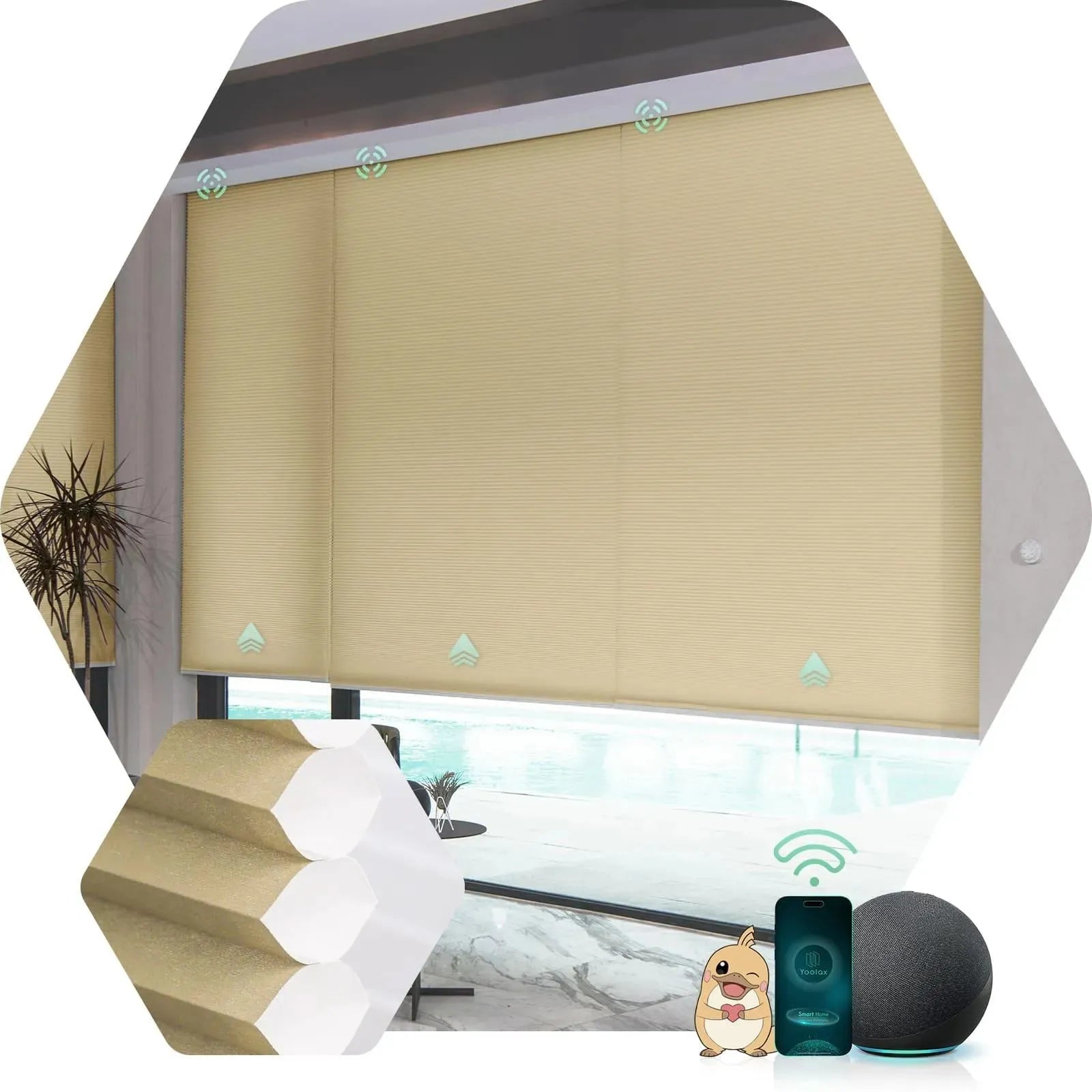 Motorized cellular blinds with Half-Shading Light Coffee Fabric, Design for Bedroom & Living Room etc.