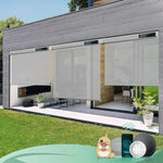 Yoolax smart outdoor patio shades with 3% Openness Paine Gray fabric,  suited for porches, patios, or decks