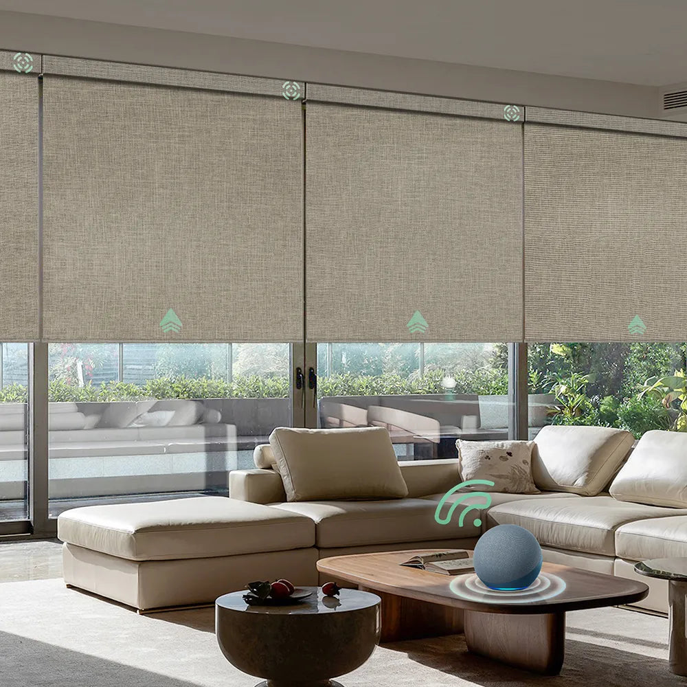 Automatic blackout roller shades with beige fabric, ideal for Bedrooms, Living Rooms