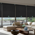 Automatic blackout roller shades with black fabric, ideal for Bedrooms, Living Rooms