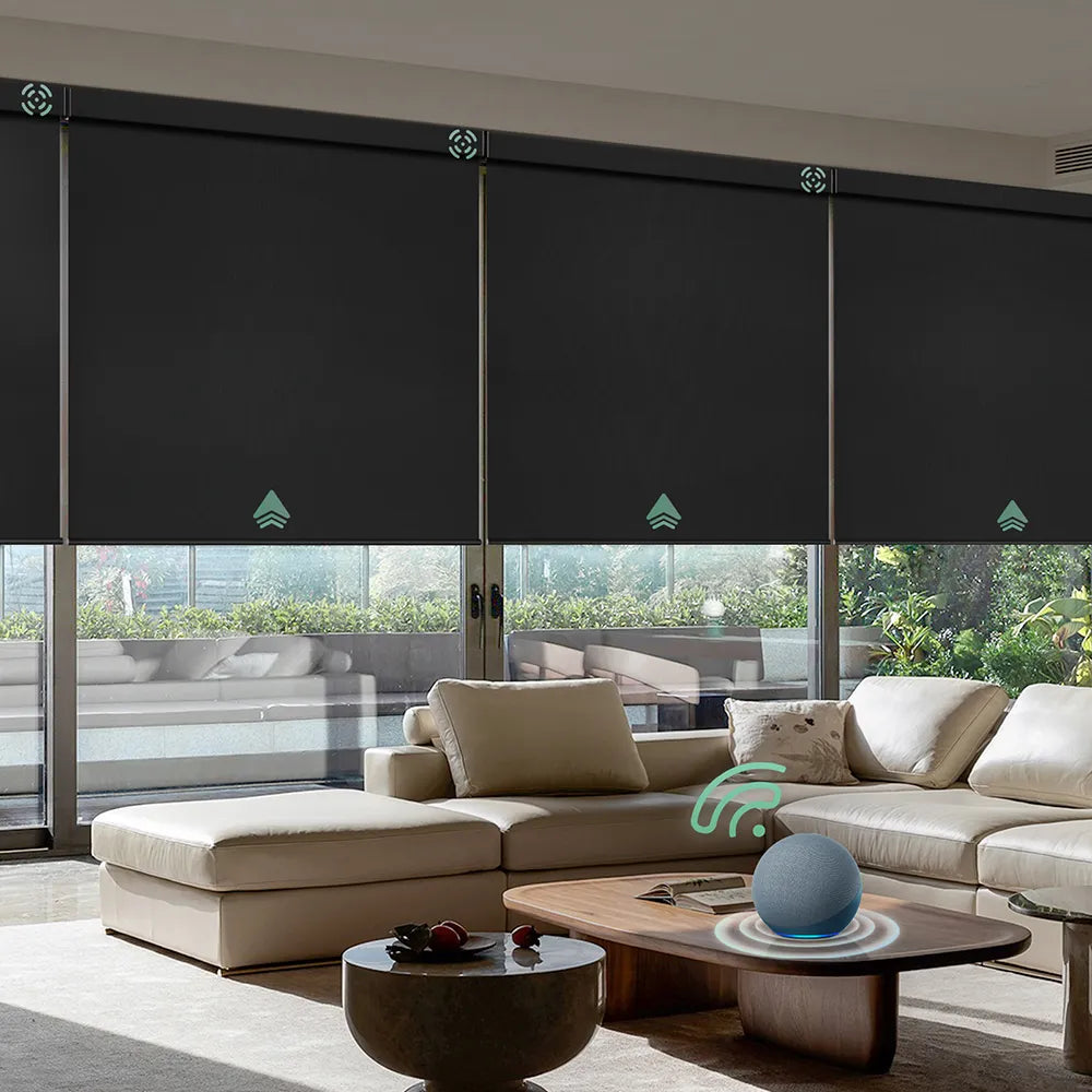 Automatic blackout roller shades with black fabric, ideal for Bedrooms, Living Rooms