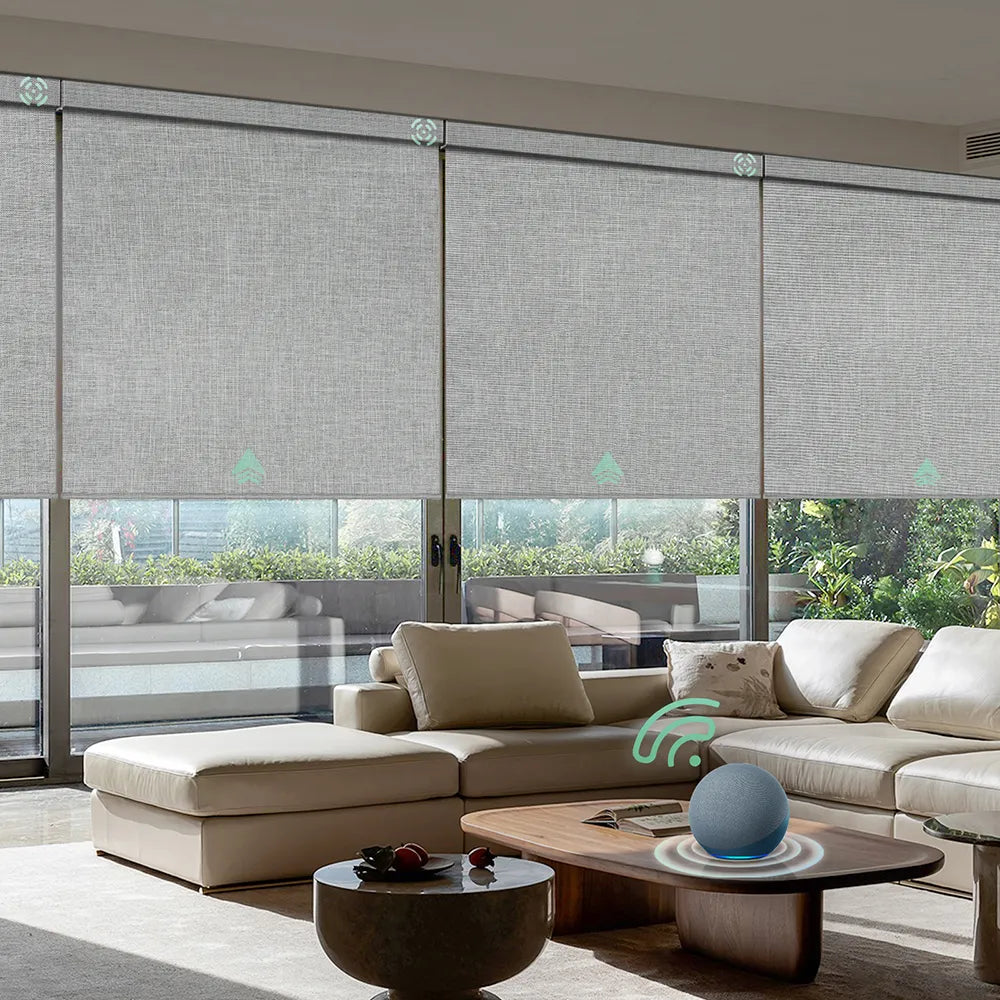 Automatic blackout roller shades with light grey fabric, ideal for Bedrooms, Living Rooms