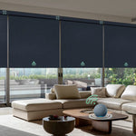 Automatic blackout roller shades with navy blue fabric, ideal for Bedrooms, Living Rooms