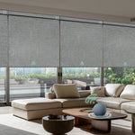 Automatic blackout roller shades with smokey grey fabric, ideal for Bedrooms, Living Rooms