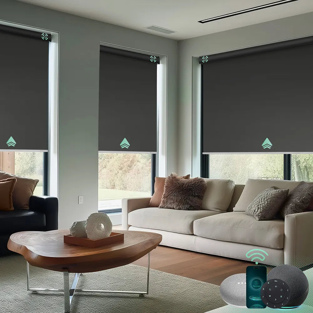 Yoolax smart blackout roller window shades with vinyl-dark grey fabric, ideal for Bedrooms, Living Rooms