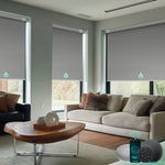 Yoolax smart blackout roller window shades with vinyl-light grey fabric, ideal for Bedrooms, Living Rooms