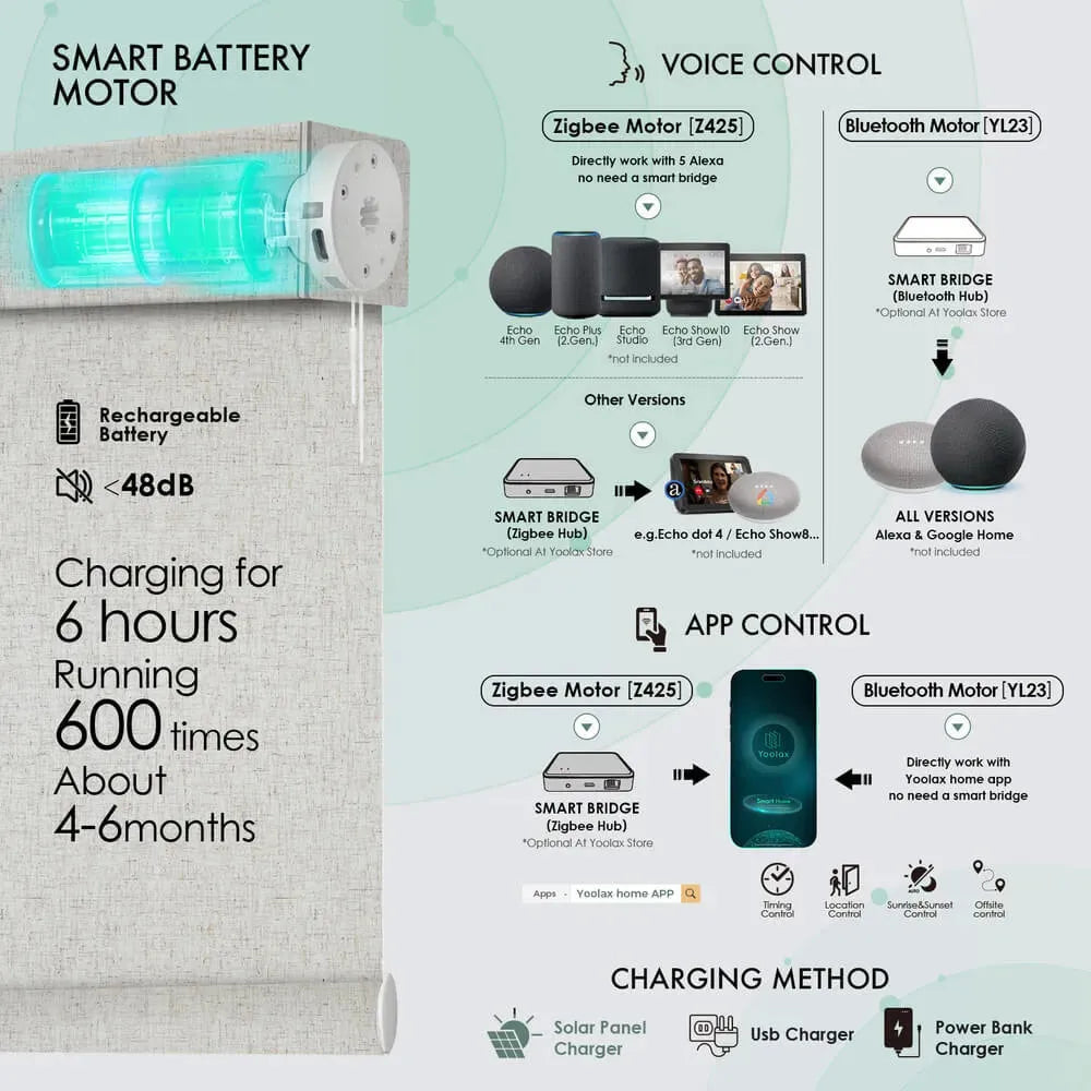 Motor is compatible with the Alexa ecosystem or APP and is powered by rechargeable batteries or solar panels