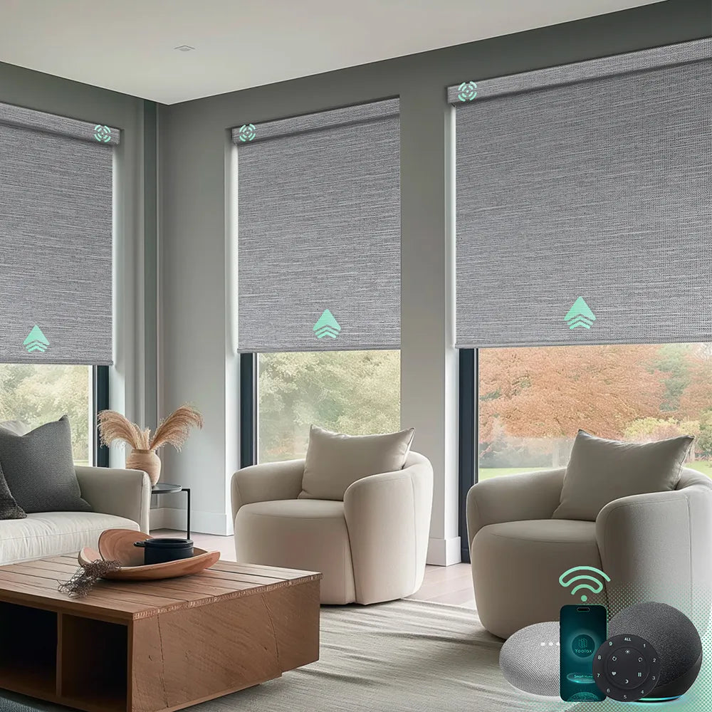 Motorized blackout roller shades with foggy grey fabric, ideal for Bedrooms, Living Rooms