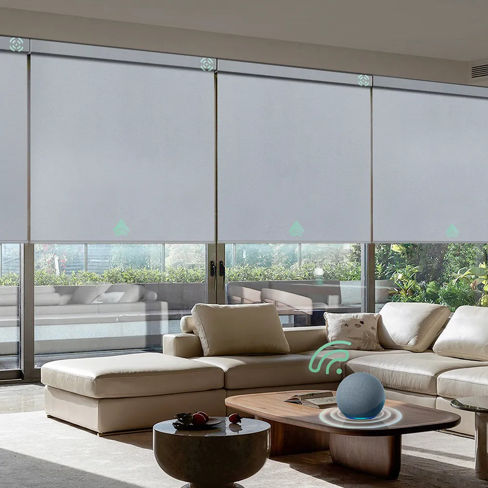 Motorized blackout roller shades with geryish white fabric, ideal for Bedrooms, Living Rooms