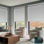 Smart roller shades blackout with vinyl-jacquard white fabric, ideal for Bedrooms, Living Rooms