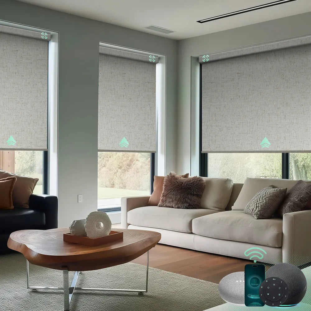 Yoolax smart blackout roller window shades with vinyl-white fabric, ideal for Bedrooms, Living Rooms.