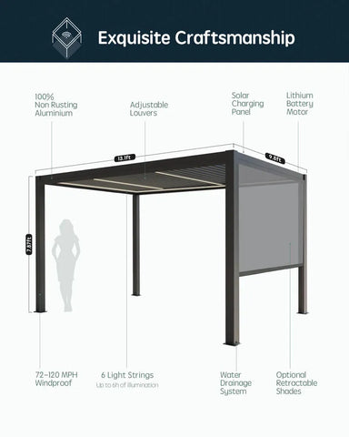 Yoolax Motorized Louvered Pergola Solar Powered 10x13Ft